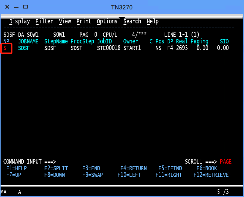 Screen capture that shows how to enter the S command to view contents of a job